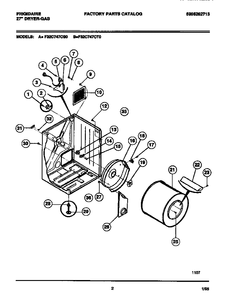 CABINET, DRUM, HEAT DUCT Diagram and Parts List for F32C747CT0  Frigidaire Dryer