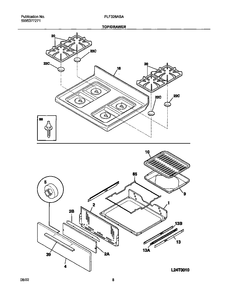 TOP / DRAWER Diagram and Parts List for FLF326ASA  Frigidaire Range