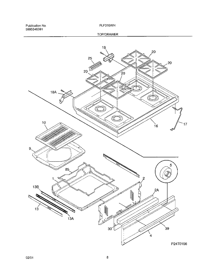TOP / DRAWER Diagram and Parts List for FLF316WHSB  Frigidaire Range