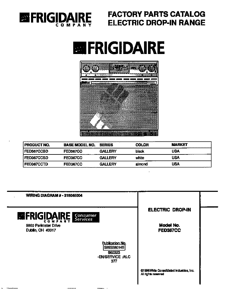 COVER Diagram and Parts List for FED367CCTD  Frigidaire Range