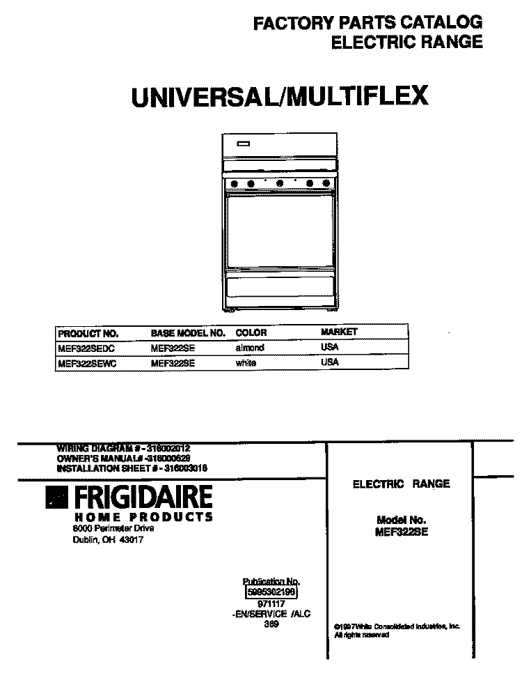 COVER Diagram and Parts List for MEF322SEDC  Frigidaire Range