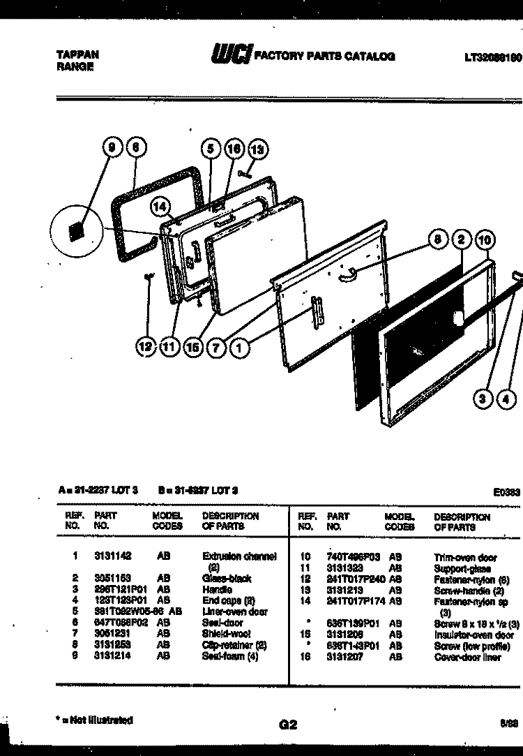 DOOR PARTS Diagram and Parts List for 31-2237-00-03  Tappan Range