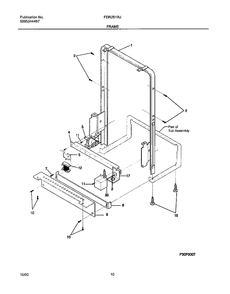 FRAME Diagram and Parts List for FDR251RJS0  Frigidaire Dishwasher