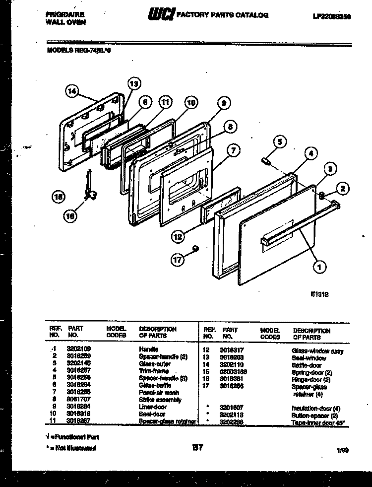 DOOR PARTS Diagram and Parts List for REG74BLB0  Frigidaire Wall Oven