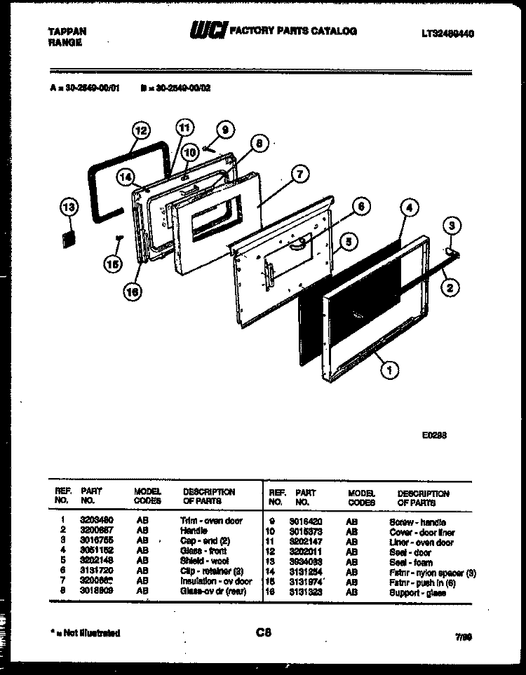 DOOR PARTS Diagram and Parts List for 30-2549-00-02  Tappan Range
