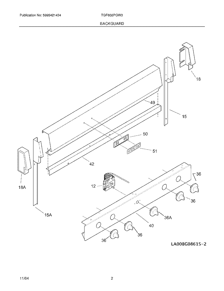 BACKGUARD Diagram and Parts List for TGF602PGW3  Tappan Range