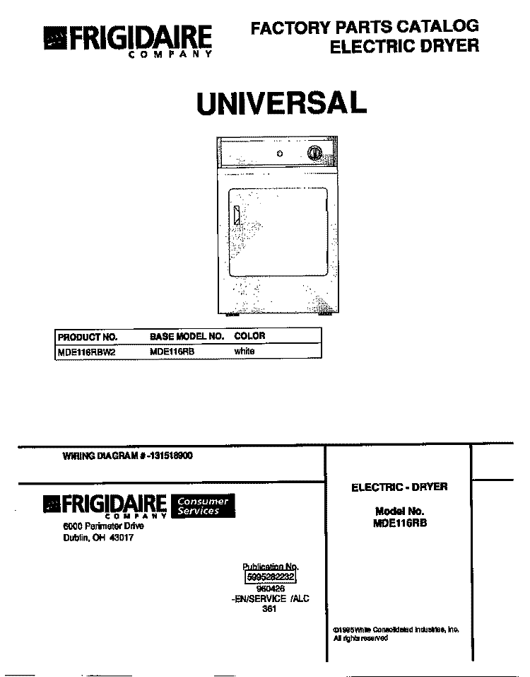 COVER Diagram and Parts List for MDE116RBW2  Frigidaire Dryer