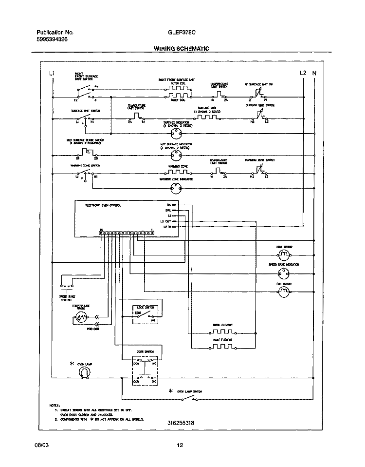 WIRING SCHEMATIC Diagram and Parts List for GLEF378CQB  Frigidaire Range