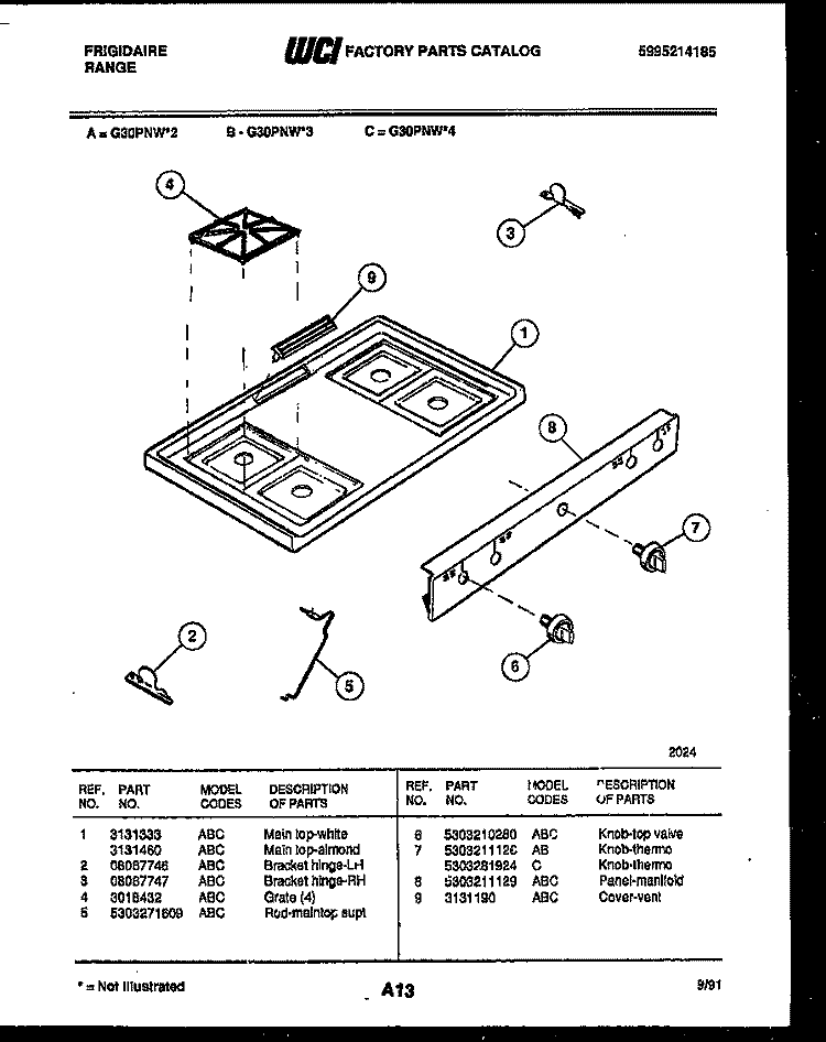 COOKTOP PARTS Diagram and Parts List for G30PNL2  Frigidaire Range