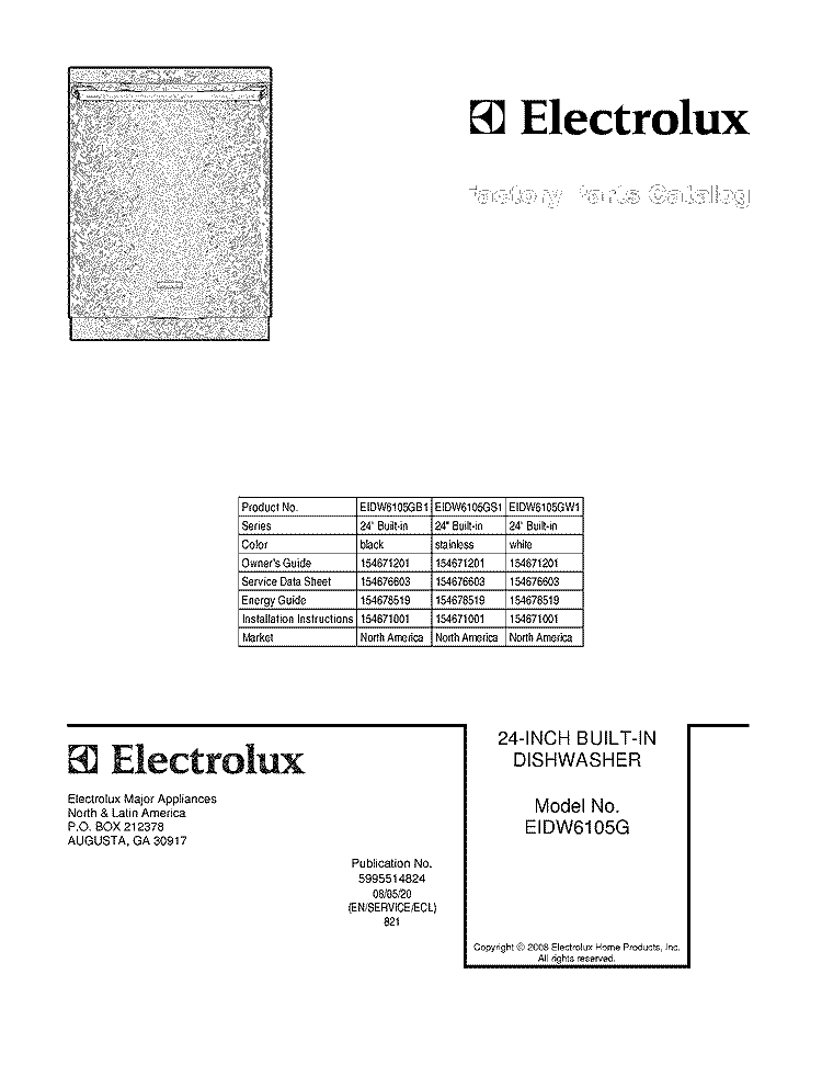COVER Diagram and Parts List for EIDW6105GB1  Electrolux Dishwasher