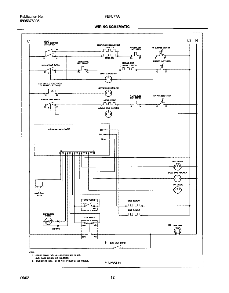 WIRING SCHEMATIC Diagram and Parts List for FEFL77ABF  Frigidaire Range