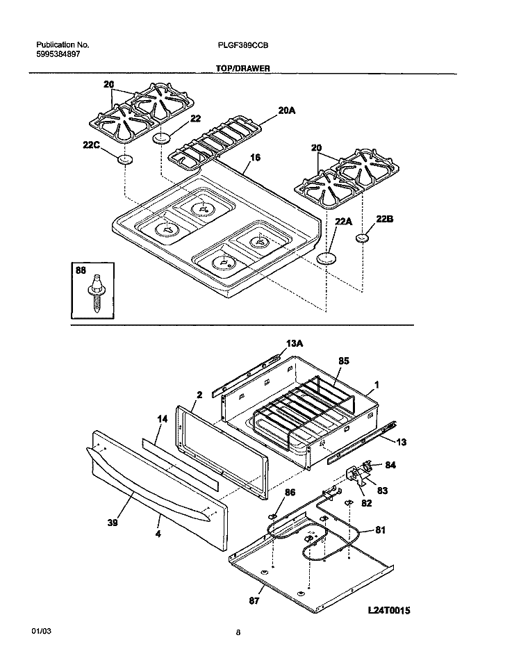 TOP / DRAWER Diagram and Parts List for PLGF389CCB  Frigidaire Range