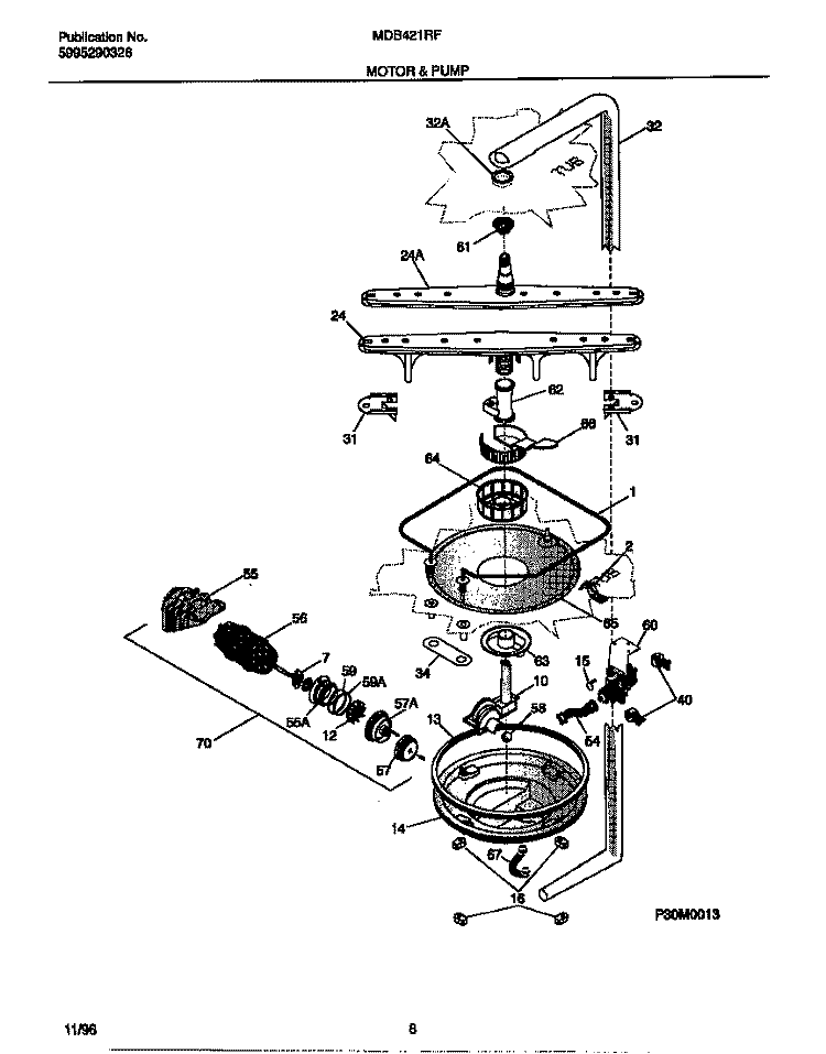 MOTOR & PUMP Diagram and Parts List for MDB421RFS1  Frigidaire Dishwasher