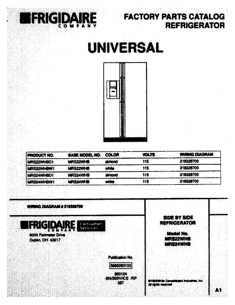 COVER Diagram and Parts List for MRS22WHBD1  Frigidaire Refrigerator