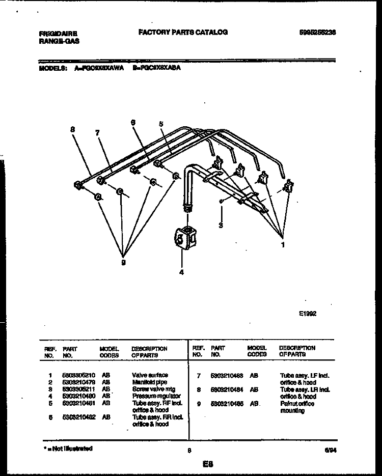 MANIFOLD AND GAS CONTROL Diagram and Parts List for FGC9X8XABA  Frigidaire Cooktop