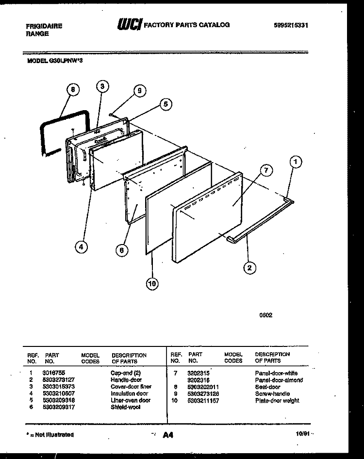 DOOR PARTS Diagram and Parts List for G30LPNL3  Frigidaire Range