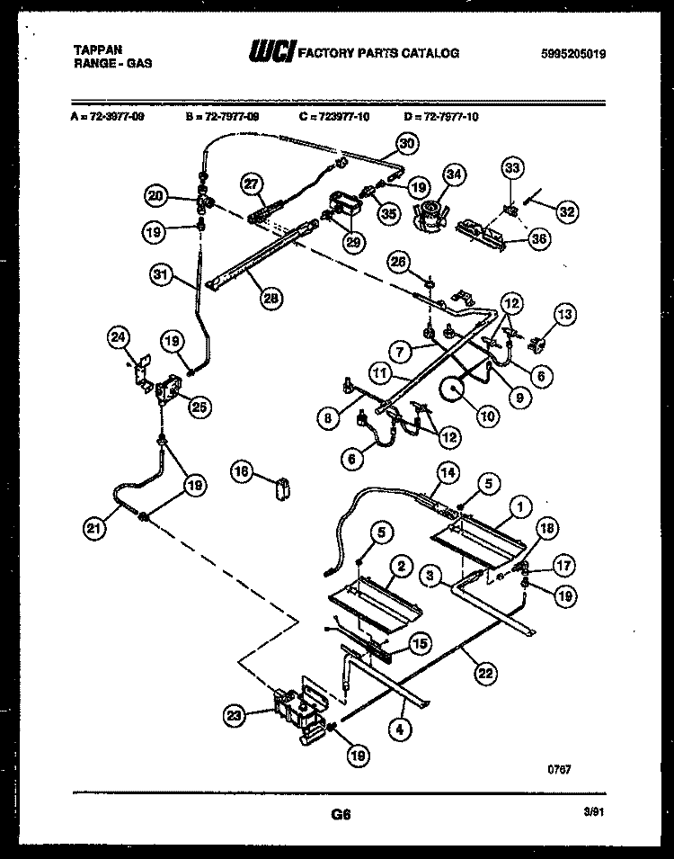 BURNER, MANIFOLD AND GAS CONTROL Diagram and Parts List for 72-3977-00-09  Tappan Range