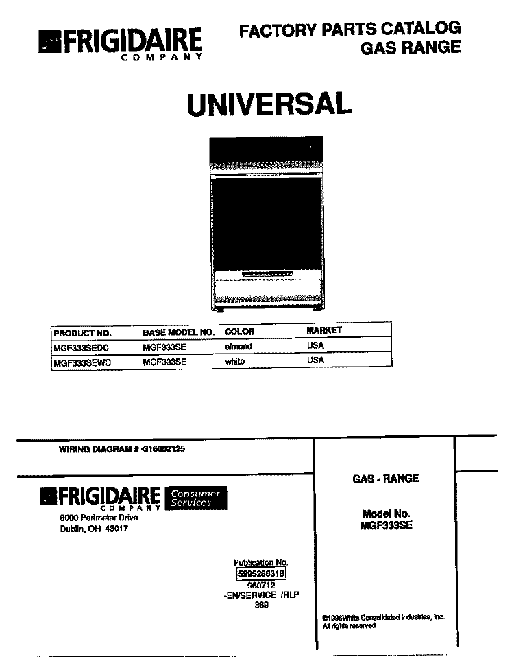 COVER Diagram and Parts List for MGF333SEWC  Frigidaire Range