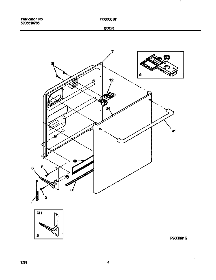 DOOR Diagram and Parts List for FDB836GFB3  Frigidaire Dishwasher