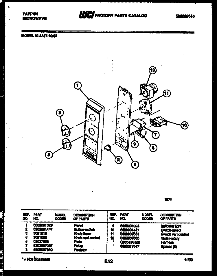 CONTROL PANEL Diagram and Parts List for 56-3357-10-03  Tappan Microwave