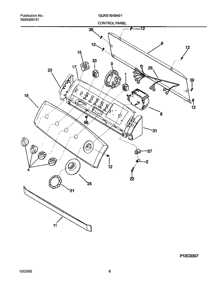 CONTROL PANEL Diagram and Parts List for GLWS1649AS1  Frigidaire Washer