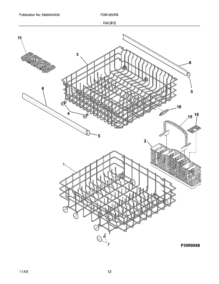 RACKS Diagram and Parts List for FDB1250RES1  Frigidaire Dishwasher