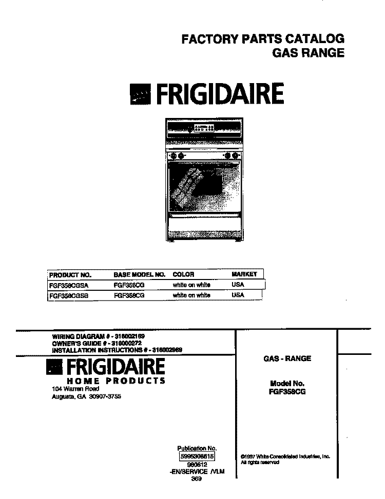 COVER Diagram and Parts List for FGF358CGSA  Frigidaire Range