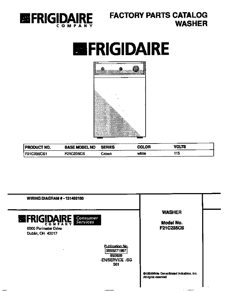 COVER Diagram and Parts List for F21C235CS1  Frigidaire Washer