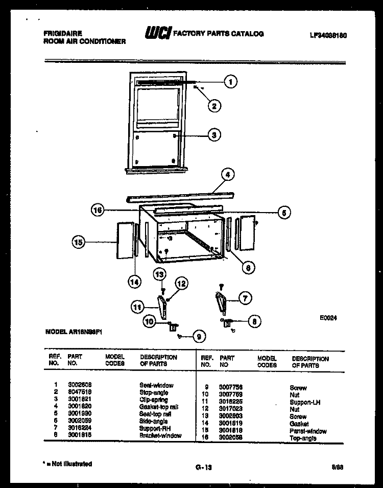 WINDOW MOUNTING PARTS Diagram and Parts List for AR18NS8F1  Frigidaire Air Conditioner