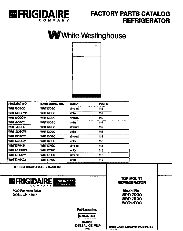 REFRIGERATOR Diagram and Parts List for WRT17FGCD1  Frigidaire Refrigerator