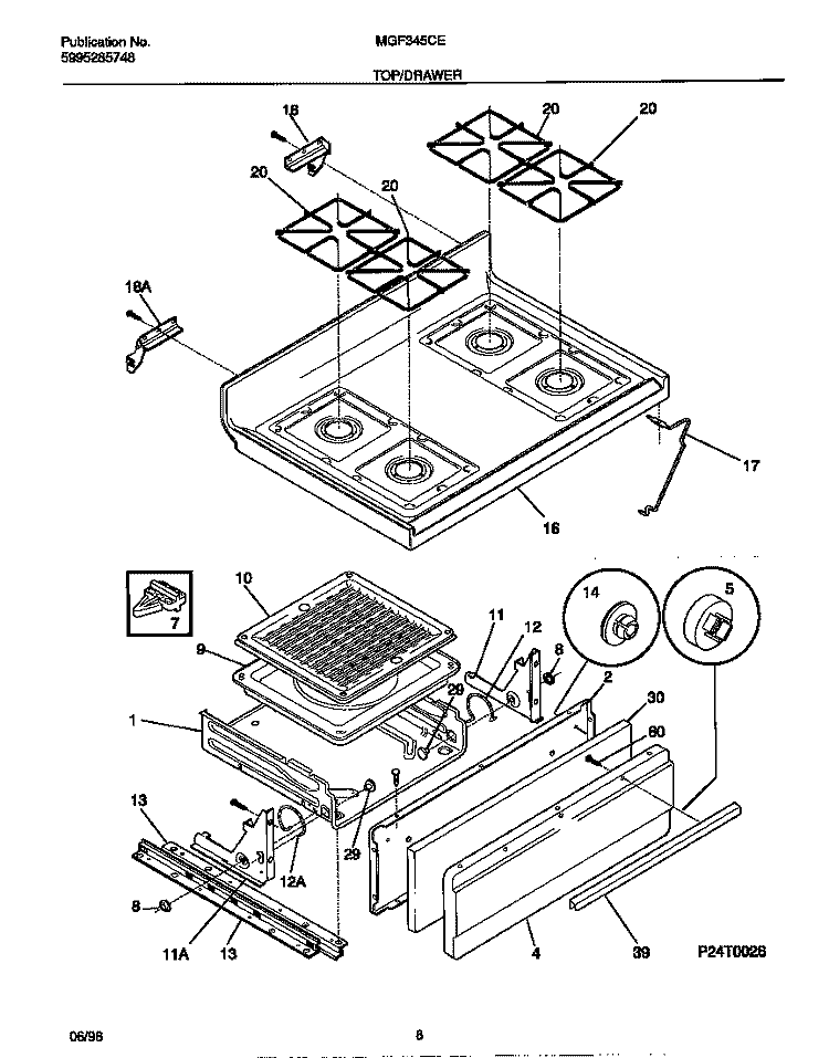 TOP / DRAWER Diagram and Parts List for MGF345CESB  Frigidaire Range
