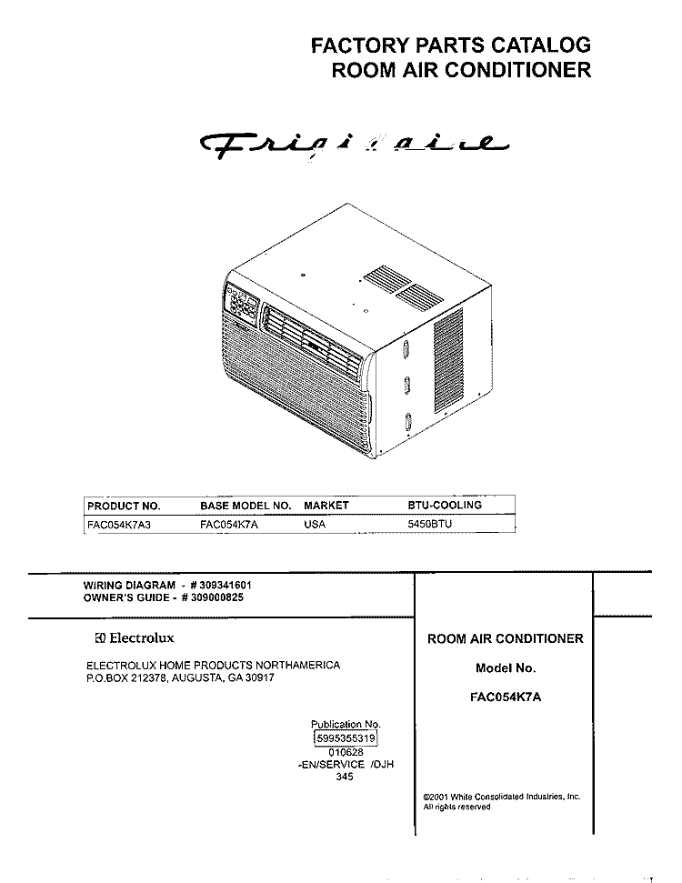 COVER Diagram and Parts List for FAC054K7A3  Frigidaire Air Conditioner