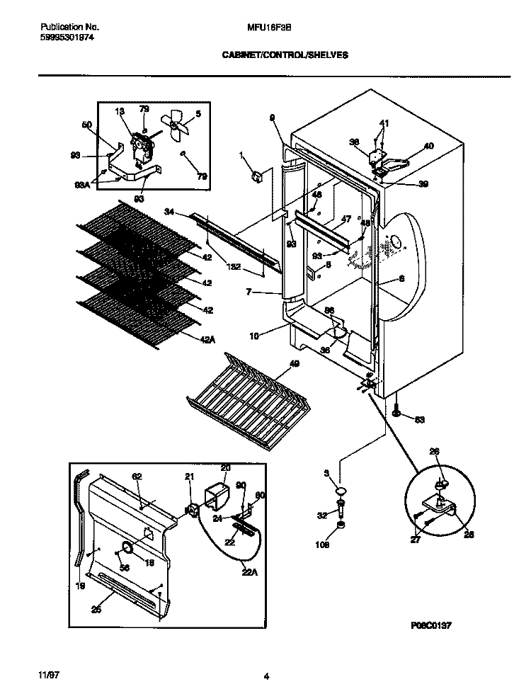 CABINET / CONTROL / SHELVES Diagram and Parts List for MFU16F3BW7  Frigidaire Freezer