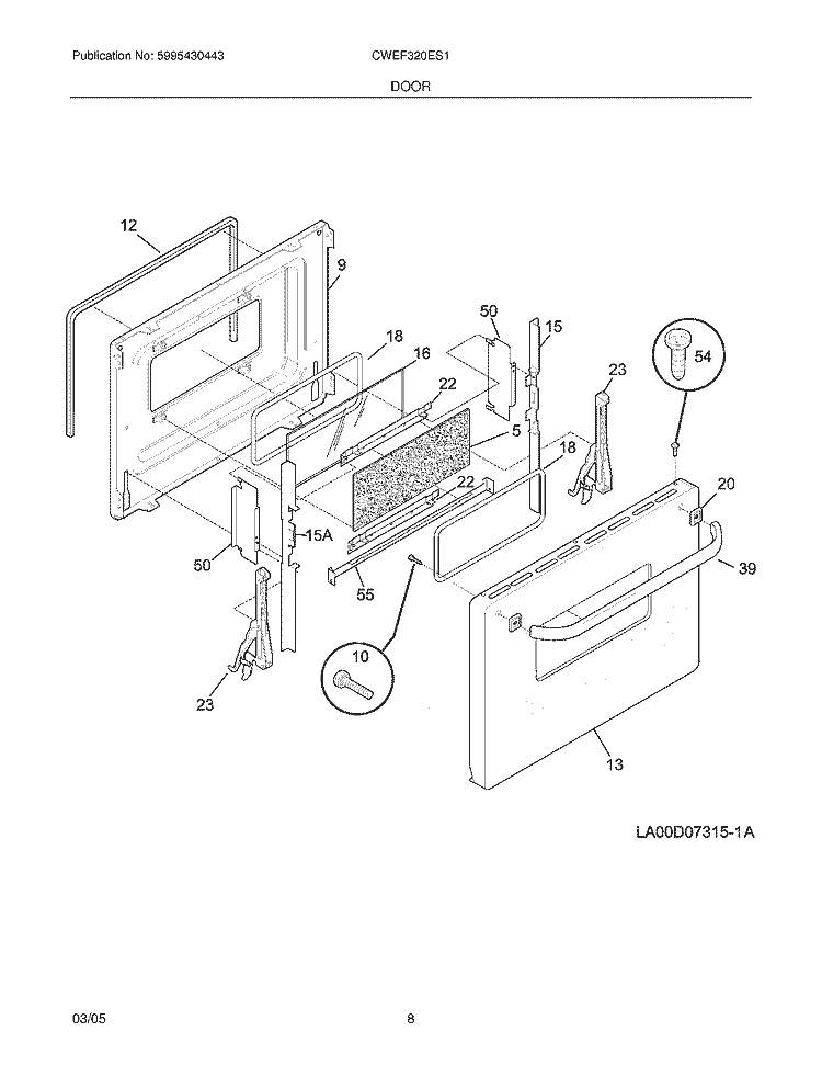 DOOR Diagram and Parts List for CWEF320ES1  Westinghouse Range