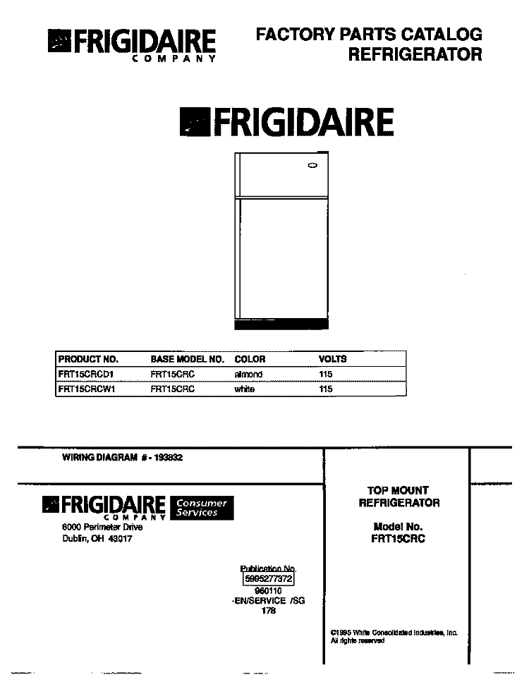 COVER Diagram and Parts List for FRT15CRCD1  Frigidaire Refrigerator