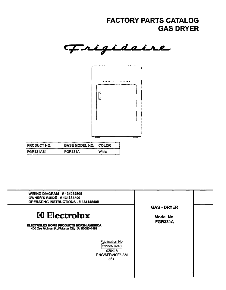 COVER Diagram and Parts List for FGR331AS1  Frigidaire Dryer