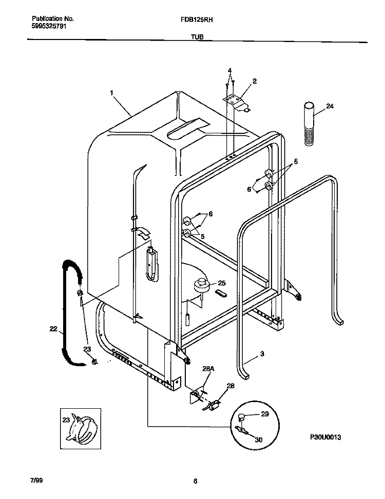 TUB Diagram and Parts List for FDB125RHB0  Frigidaire Dishwasher