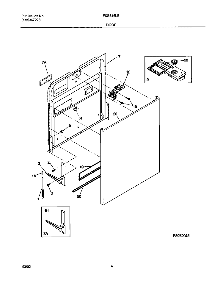 DOOR Diagram and Parts List for FDB345LBS0  Frigidaire Dishwasher