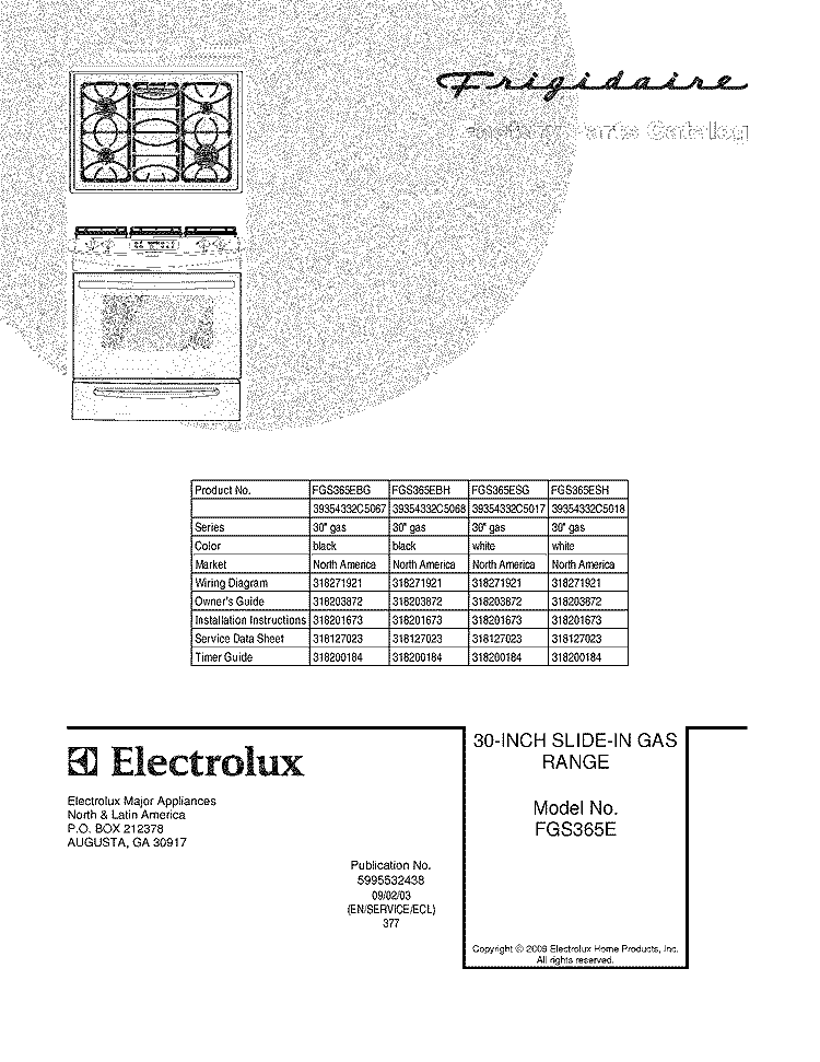 COVER Diagram and Parts List for FGS365EBG  Frigidaire Range