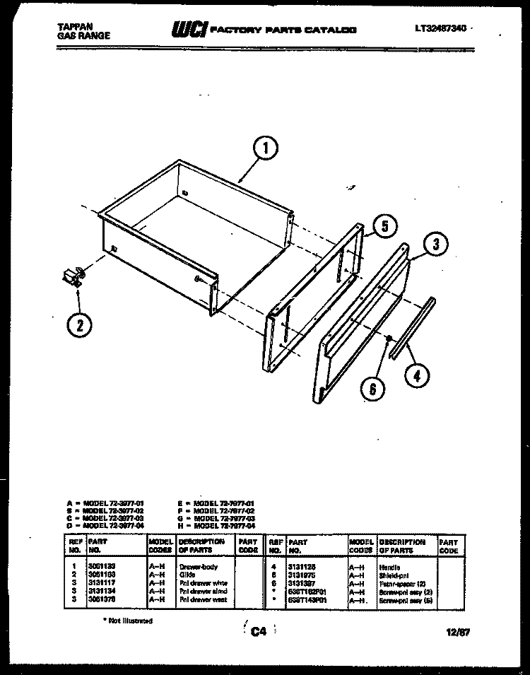 DRAWER PARTS Diagram and Parts List for 72-3977-66-03  Tappan Range