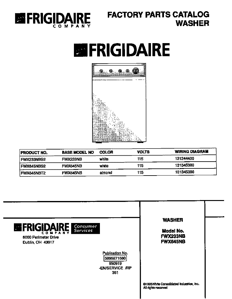 COVER Diagram and Parts List for FWX233NBS2  Frigidaire Washer