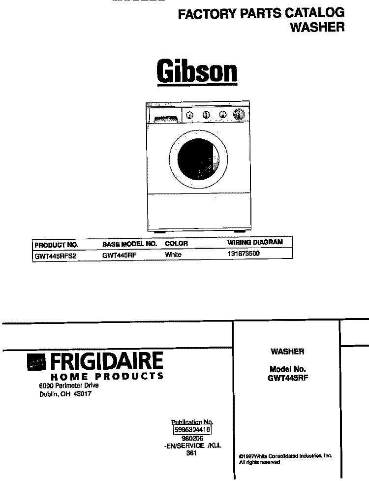 COVER Diagram and Parts List for GWT445RFS2  Gibson Washer