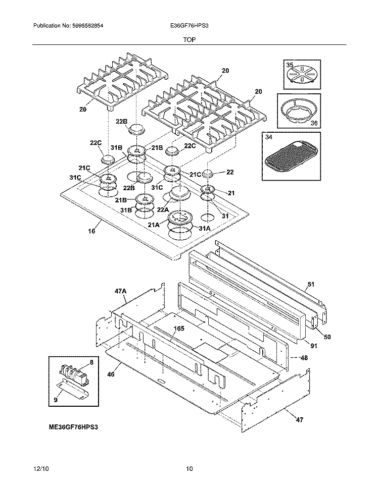 TOP Diagram and Parts List for E36GF76HPS3  Electrolux Range