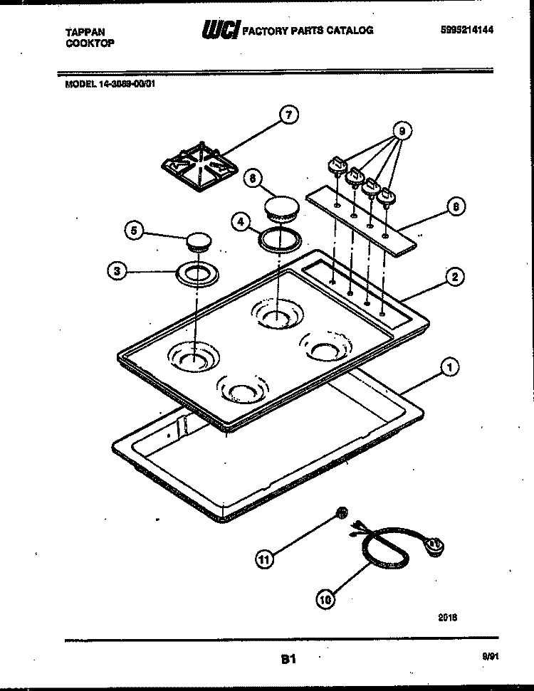 COOKTOP PARTS Diagram and Parts List for 14-3089-00-01  Tappan Cooktop