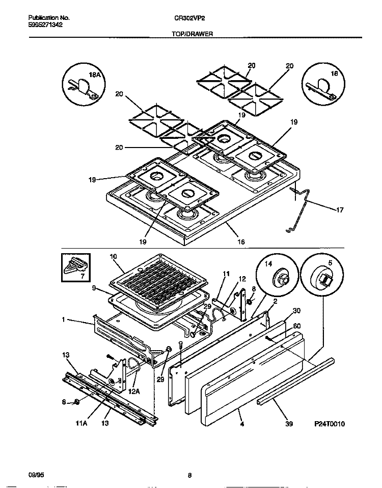 TOP / DRAWER Diagram and Parts List for CR302VP2W03  Frigidaire Range