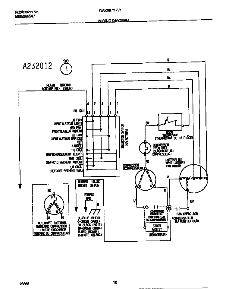 WIRING DIAGRAM Diagram and Parts List for WAK087Y7V1  Frigidaire Air Conditioner
