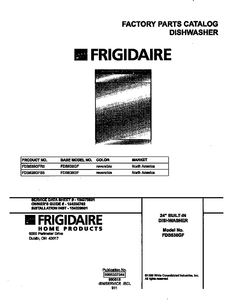 COVER Diagram and Parts List for FDB636GFR5  Frigidaire Dishwasher