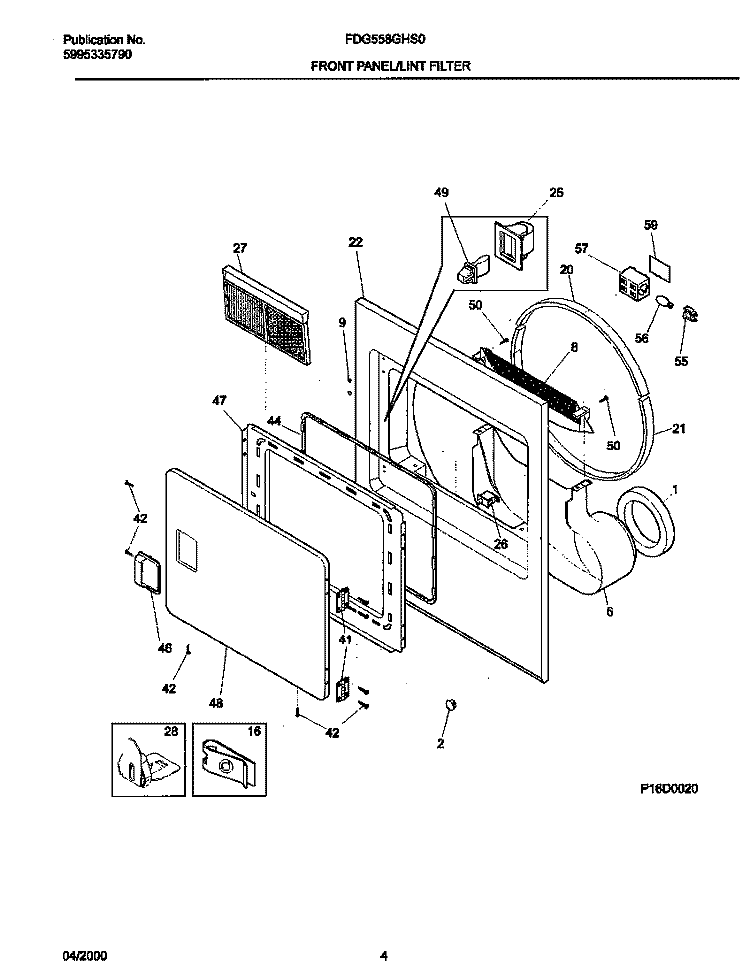 P16D0020 FRNT PNL, DOOR Diagram and Parts List for FDG558GHS0  Frigidaire Dryer