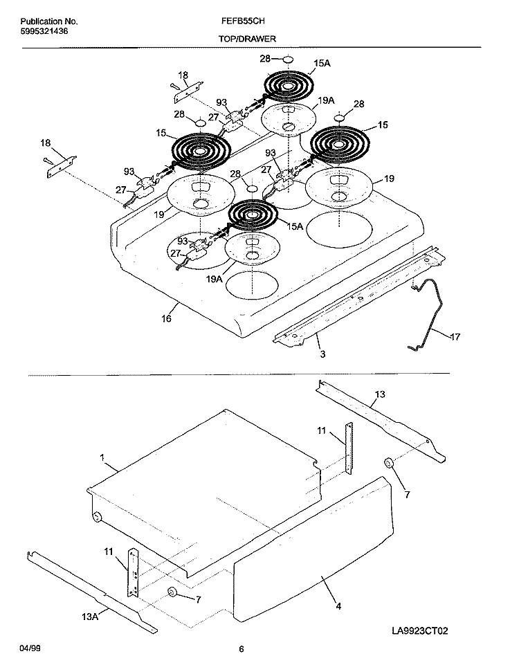 TOP / DRAWER Diagram and Parts List for FEFB55CHSA  Frigidaire Range