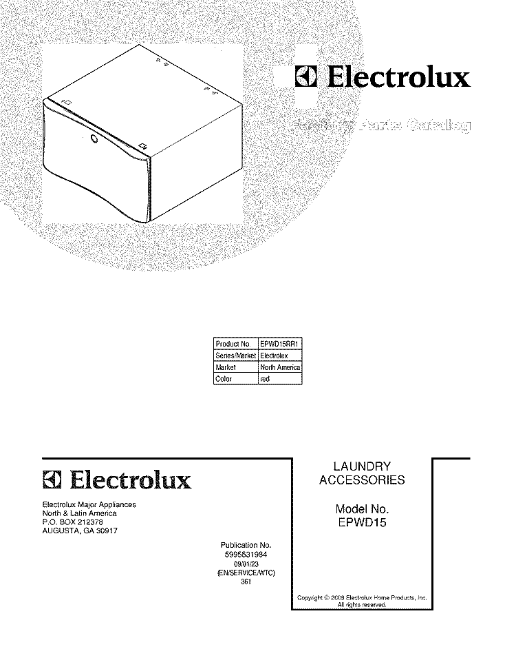COVER Diagram and Parts List for EPWD15RR1  Frigidaire Laundry Accessories